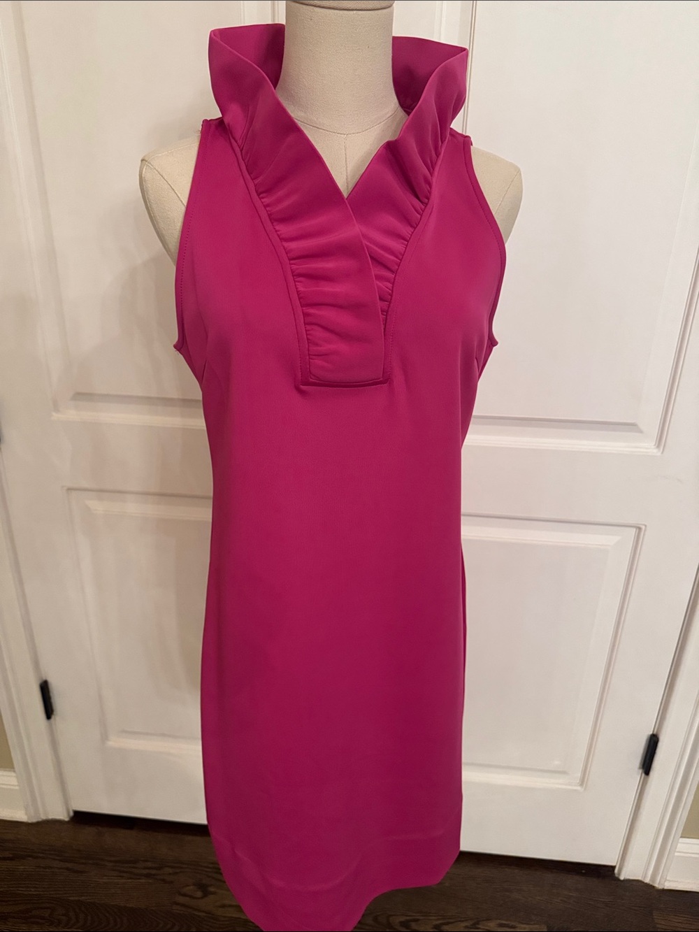 Gretchen Scott Sleeveless Ruffled V-Neck Shift Dress in Fuchsia